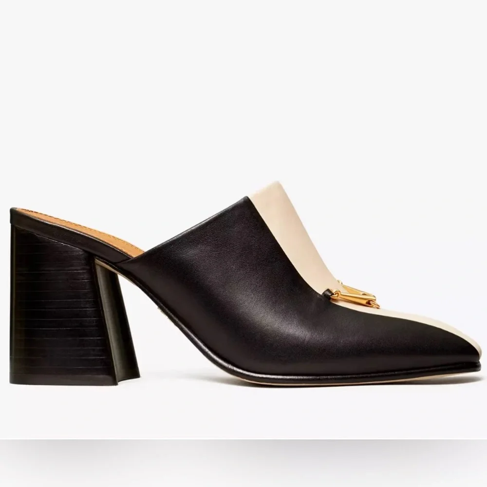 TORY BURCH EQUESTRIAN LINK MULE 80MM PUMP LEATHER BLACK/DULCE DE LECHE SZ US 8 - Picture 5 of 11